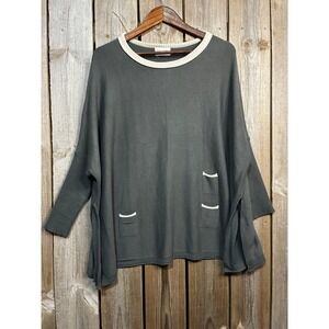 Mer-Sea & Co Womens Oversized Knit Sweater Gray Cream Trim Pockets One Size
